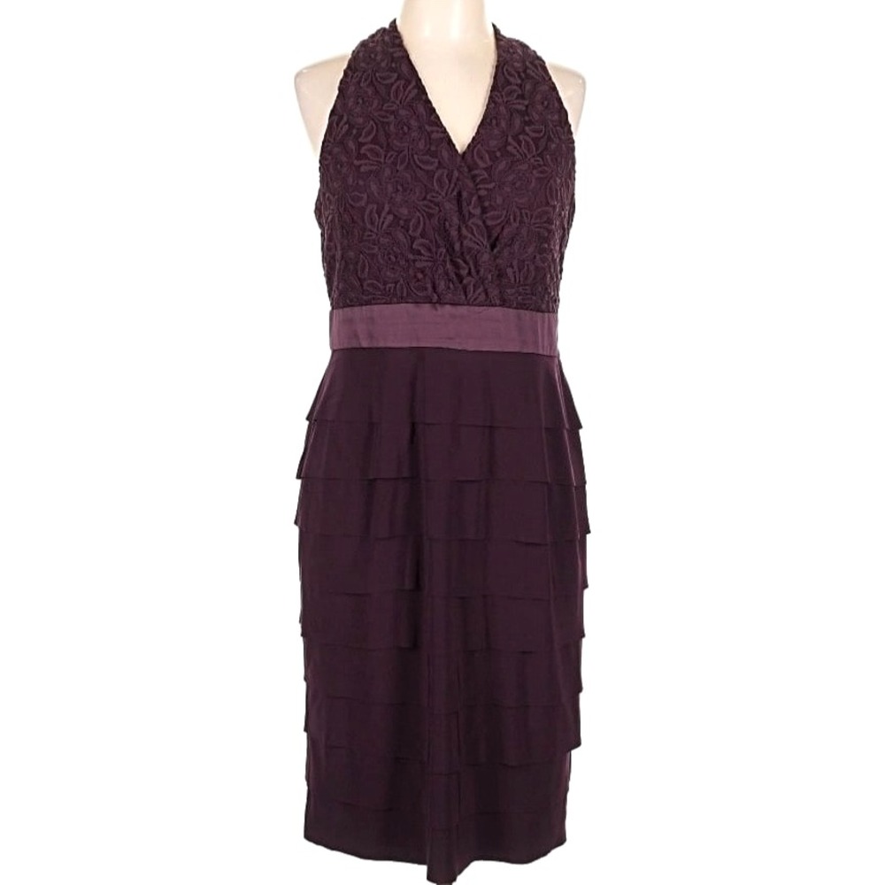 Jones Wear Plum Halter Dress Women 14 L Tiered Embroidered Mesh Semi Formal $160